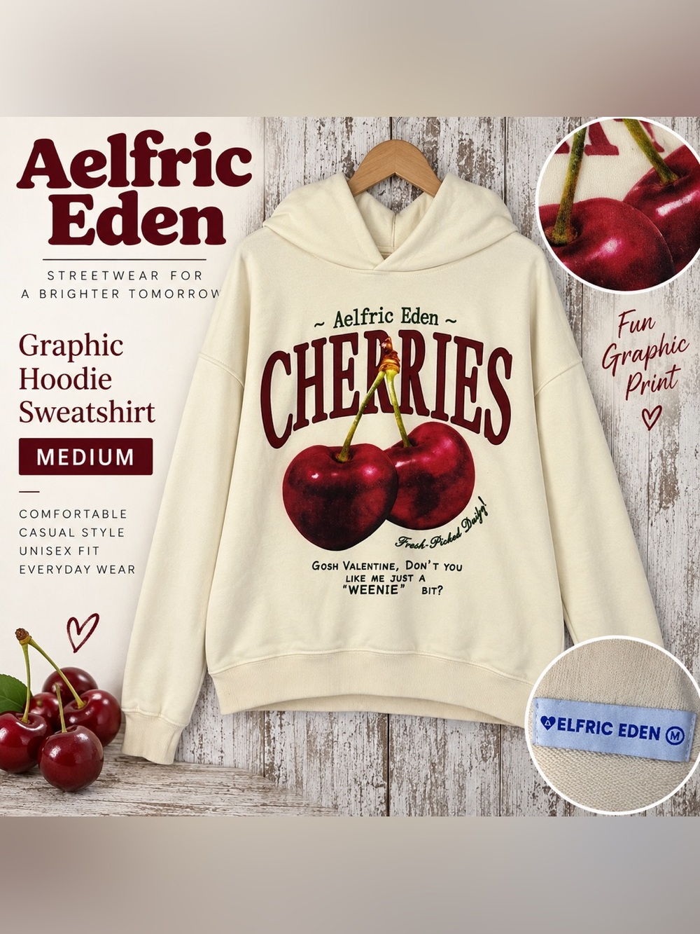 Aelfric Eden Cherries Graphic Hoodie Cream Sweatshirt Unisex Size Medium